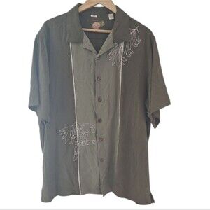 Caribbean 100% Silk Embroidered Tropical Camp Shirt Olive Green Relaxed Fit  XL